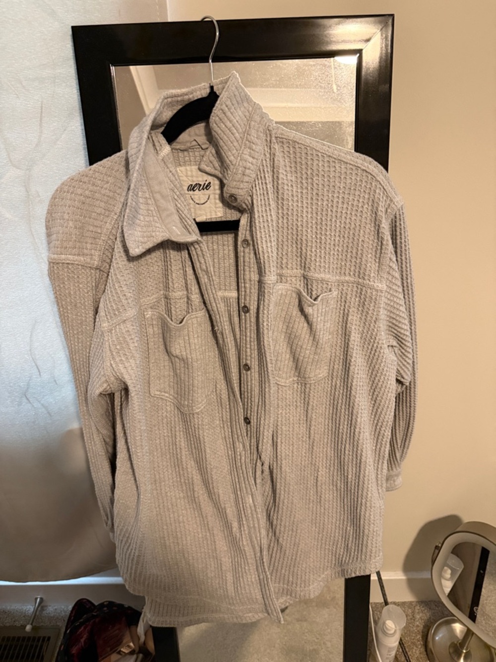 aerie Light Gray Waffle-Knit Snap Front shirt